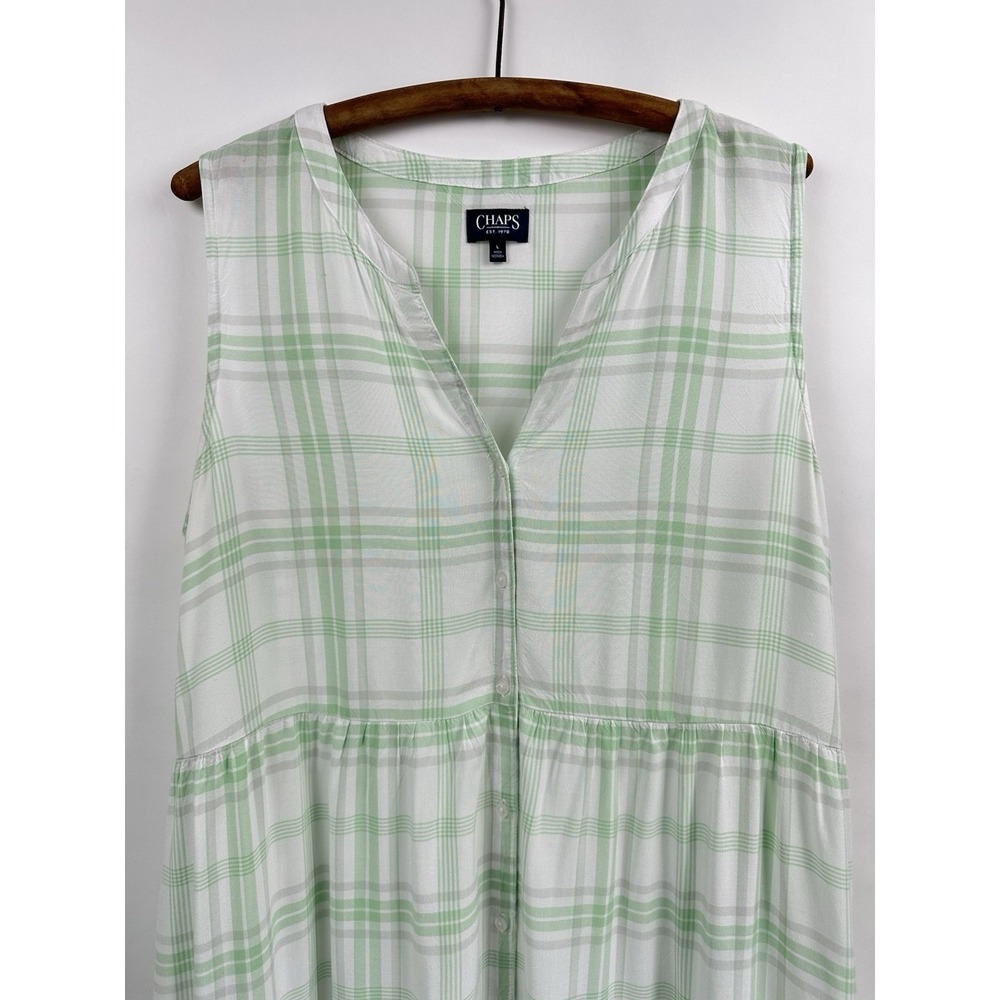CHAPS Plaid Tiered Maxi Dress Large Mint Green Prairie Cottagecore Pockets Vneck - Picture 6 of 12